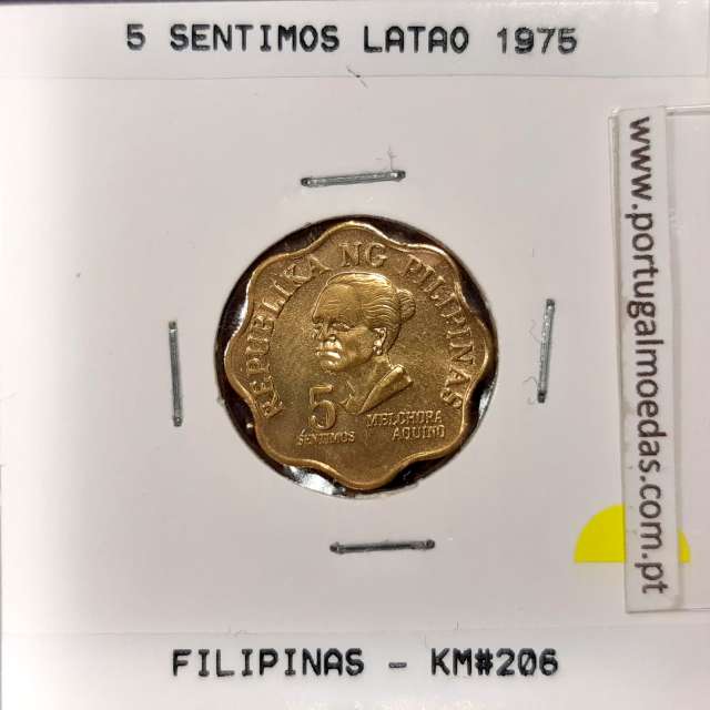 Filipinas 5 Sentimos 1975 Latão, (Sob), World Coins Philippines KM 206