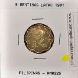 Filipinas 5 Sentimos 1981 Latão, (Sob), World Coins Philippines KM 225
