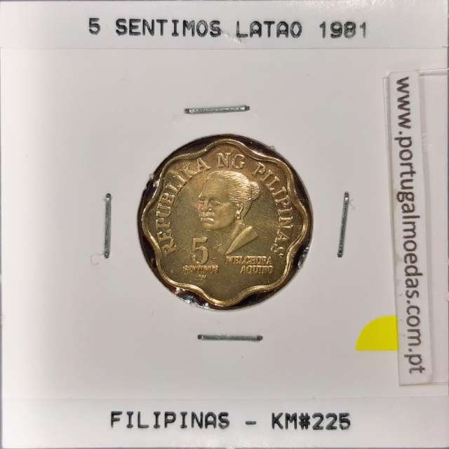 Filipinas 5 Sentimos 1981 Latão, (Sob), World Coins Philippines KM 225