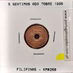 Filipinas 5 Sentimo 1995 Aço-Cobre, (Sob), World Coins Philippines KM 268