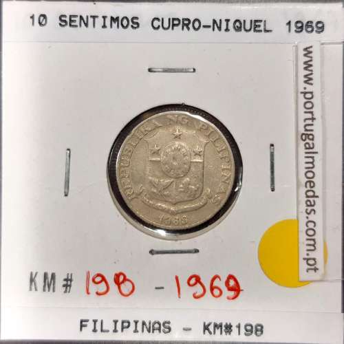 Philippines 10 Sentimos 1969 Copper-Nickel-Zinc, (VF+), Coins of the World Philippines KM 198