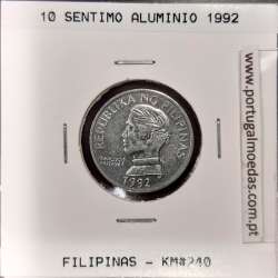 Filipinas 10 Sentimo 1992 Aluminio, Legenda reverso "PYGMAEA"  (Soberba), World Coins Philippines KM 240.2