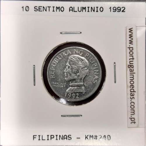 Filipinas 10 Sentimo 1992 Aluminio, Legenda reverso "PYGMAEA"  (Soberba), World Coins Philippines KM 240.2