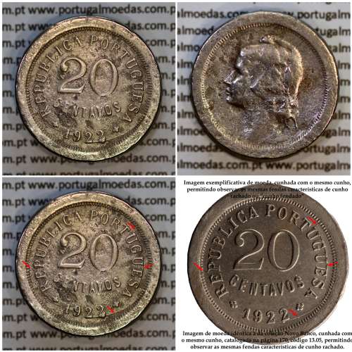 Portugal, cupronickel coin of 20 Centavos 1922, RARE, struck from the same die as the specimen in the Novo Banco Collection. (F)