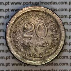 Portugal, cupronickel coin of 20 Centavos 1922, RARE, struck from the same die as the specimen in the Novo Banco Collection. (F)