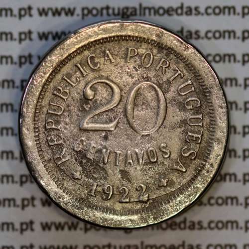 Portugal, cupronickel coin of 20 Centavos 1922, RARE, struck from the same die as the specimen in the Novo Banco Collection. (F)