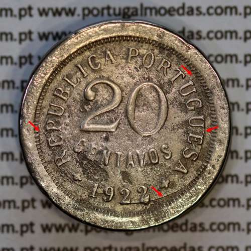 20 centavos 1922 Cupro-níquel da Republica Portuguesa, RARA, mesmo cunho do exemplar da coleção do Novo Banco, (BC),