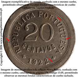 Portugal, cupronickel coin of 20 Centavos 1922, RARE, struck from the same die as the specimen in the Novo Banco Collection. (F)