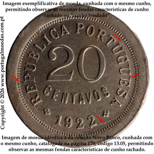 Portugal, cupronickel coin of 20 Centavos 1922, RARE, struck from the same die as the specimen in the Novo Banco Collection. (F)