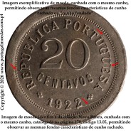 20 centavos 1922 Cupro-níquel da Republica Portuguesa, RARA, mesmo cunho do exemplar da coleção do Novo Banco, (BC),