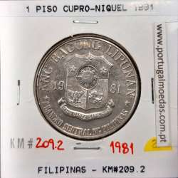Filipinas 1 Piso 1981 BSP Cupro-Niquel, (Bela), World Coins Philippines KM 209.2