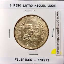 Filipinas 5 Piso 2005 Latão Niquel, (MBC+), World Coins Philippines KM 272