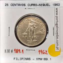 Filipinas 25 Centavos 1962 Cupro-Niquel, (Bela), World Coins Philippines KM 189.1