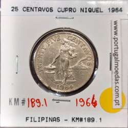 Filipinas 25 Centavos 1964 Cupro-Niquel, (MBC), World Coins Philippines KM 189.1