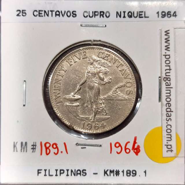 Filipinas 25 Centavos 1964 Cupro-Niquel, (MBC), World Coins Philippines KM 189.1