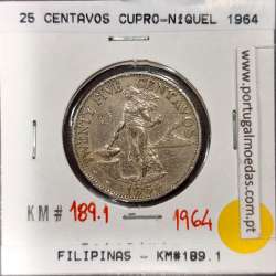 Filipinas 25 Centavos 1964 Cupro-Niquel, (MBC), World Coins Philippines KM 189.1