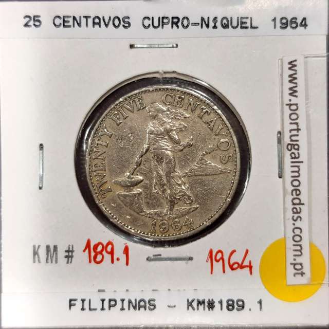 Filipinas 25 Centavos 1964 Cupro-Niquel, (MBC), World Coins Philippines KM 189.1