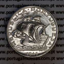2$50 Escudos 1945 prata, 2 escudos e 50 centavos 1945 em prata da Republica Portuguesa, (MBC+), World Coins Portugal KM 580