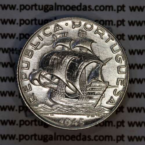 2$50 Escudos 1945 prata, 2 escudos e 50 centavos 1945 em prata da Republica Portuguesa, (MBC+), World Coins Portugal KM 580