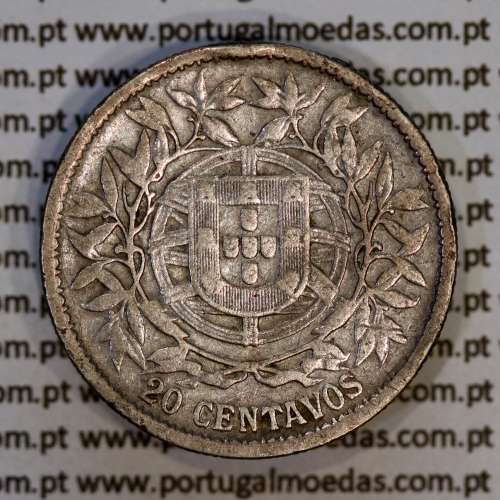 20 centavos 1913 prata, $20 centavos prata 1913 da Republica Portuguesa, (BC), World Coins Portugal KM 562