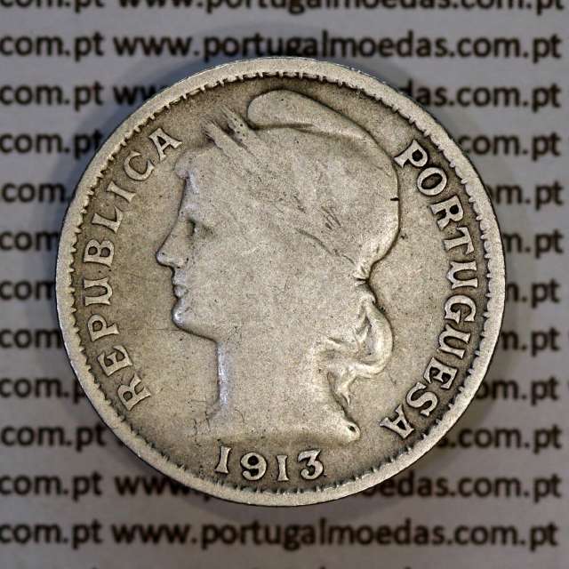 20 centavos 1913 prata, $20 centavos prata 1913 da Republica Portuguesa, (BC), World Coins Portugal KM 562