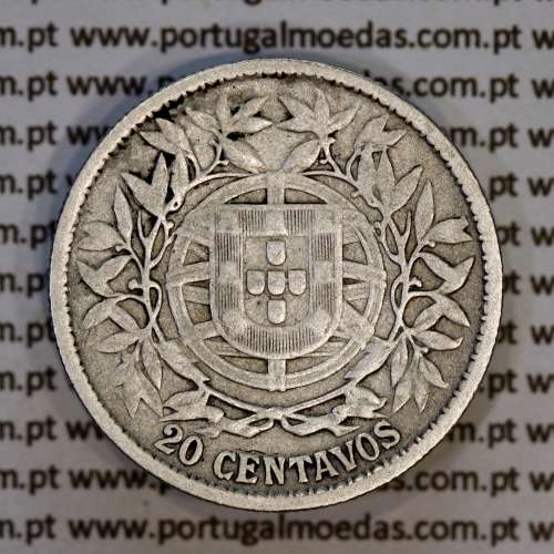 20 centavos 1913 prata, $20 centavos prata 1913 da Republica Portuguesa, (BC), World Coins Portugal KM 562