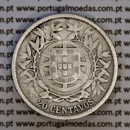 20 centavos 1913 prata, $20 centavos prata 1913 da Republica Portuguesa, (BC), World Coins Portugal KM 562