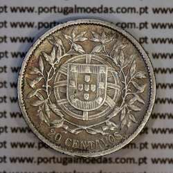 20 centavos 1913 prata, $20 centavos prata 1913 da Republica Portuguesa, (BC+/MBC), World Coins Portugal KM 562
