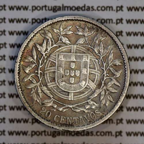 20 centavos 1913 prata, $20 centavos prata 1913 da Republica Portuguesa, (BC+/MBC), World Coins Portugal KM 562