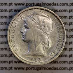 20 centavos 1913 prata, $20 centavos prata 1913 da Republica Portuguesa, (MBC), World Coins Portugal KM 562