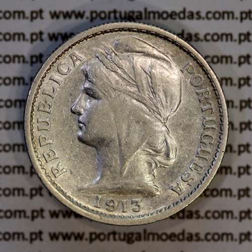 20 centavos 1913 prata, $20 centavos prata 1913 da Republica Portuguesa, (MBC), World Coins Portugal KM 562