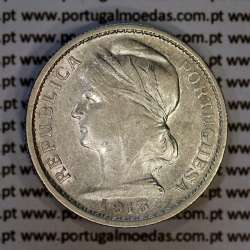 20 centavos 1913 prata, $20 centavos prata 1913 da Republica Portuguesa, (MBC), World Coins Portugal KM 562