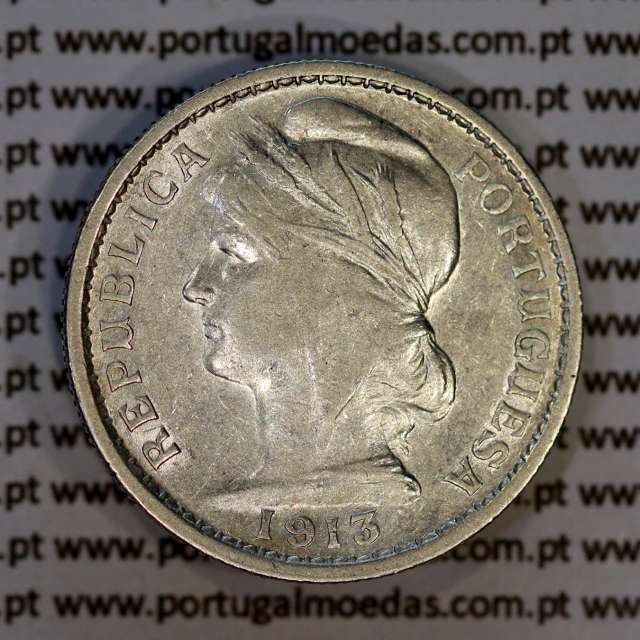 20 centavos 1913 prata, $20 centavos prata 1913 da Republica Portuguesa, (MBC), World Coins Portugal KM 562