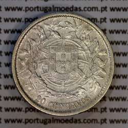 20 centavos 1913 prata, $20 centavos prata 1913 da Republica Portuguesa, (MBC), World Coins Portugal KM 562