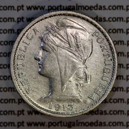 20 centavos 1913 prata, $20 centavos prata 1913 da Republica Portuguesa, (MBC+), World Coins Portugal KM 562