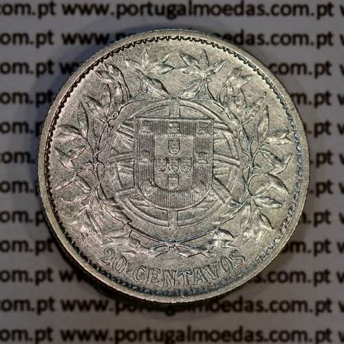 20 centavos 1913 prata, $20 centavos prata 1913 da Republica Portuguesa, (MBC+), World Coins Portugal KM 562