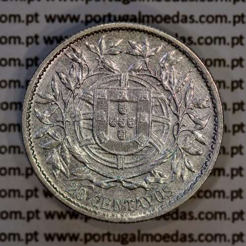 20 centavos 1913 prata, $20 centavos prata 1913 da Republica Portuguesa, (MBC+), World Coins Portugal KM 562-3
