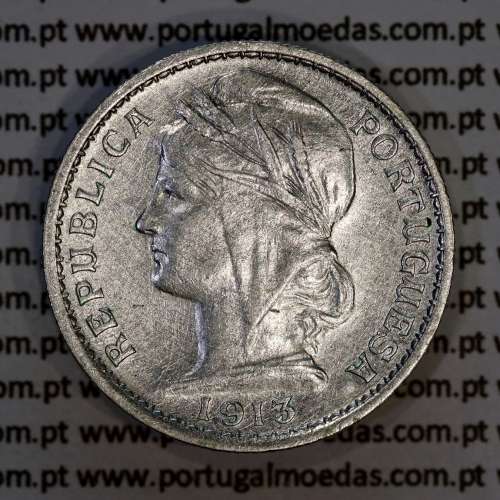 20 centavos 1913 prata, $20 centavos prata 1913 da Republica Portuguesa, (MBC+), World Coins Portugal KM 562-4