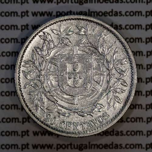 20 centavos 1913 prata, $20 centavos prata 1913 da Republica Portuguesa, (MBC+), World Coins Portugal KM 562-5