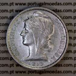 20 centavos 1913 prata, $20 centavos prata 1913 da Republica Portuguesa, (MBC+), World Coins Portugal KM 562-6