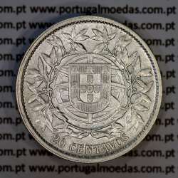 20 centavos 1916 prata da Republica Portuguesa, $20 centavos prata 1916, (MBC+), World Coins Portugal KM 562