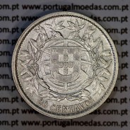 20 centavos 1916 prata da Republica Portuguesa, $20 centavos prata 1916, (MBC+), World Coins Portugal KM 562