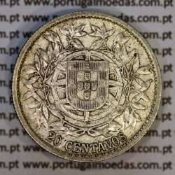 20 centavos 1916 prata da Republica Portuguesa, $20 centavos prata 1916, (MBC+), World Coins Portugal KM 562