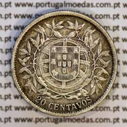 20 centavos 1916 prata da Republica Portuguesa, $20 centavos prata 1916, (MBC), World Coins Portugal KM 562