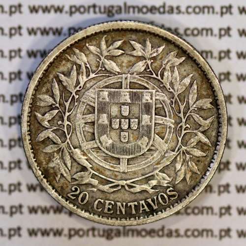 20 centavos 1916 prata da Republica Portuguesa, $20 centavos prata 1916, (MBC), World Coins Portugal KM 562