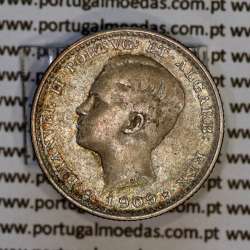 100 réis 1909 prata D. Manuel II, tostão prata 1909, (MBC+), World Coins Portugal KM 548