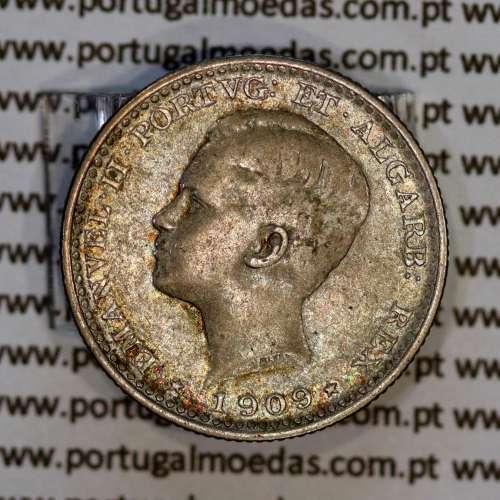 100 réis 1909 prata D. Manuel II, tostão prata 1909, (MBC+), World Coins Portugal KM 548