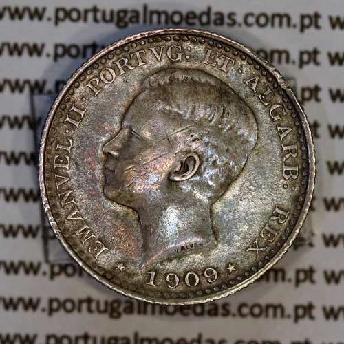 100 réis 1909 prata D. Manuel II, tostão prata 1909, (MBC+), World Coins Portugal KM 548