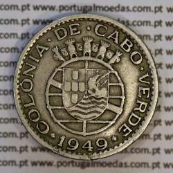 1 Escudo 1949 Alpaca of Cape Verde, 1 escudo Nickel brass 1949, former Portuguese colony, (F+/VF), World Coins Cape Verde KM7