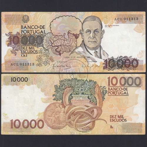 10000 Escudos Banknote Egas Moniz January 12, 1989, Plate 1, Bank of Portugal, World Paper Money Pick 185a (Circulated)